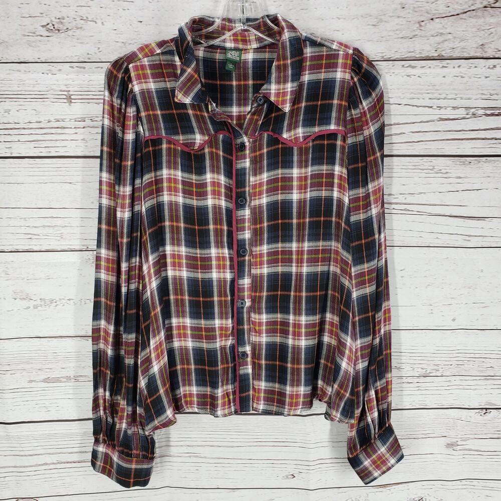 Wild Fable Multicolor Plaid Button Up Ling Sleeve Top Size Large